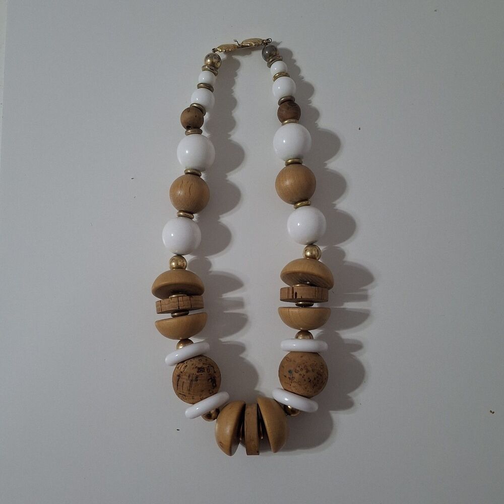 Gold Tone White Brown Wooden Round Chunky Acrylic Bead Statement Necklace